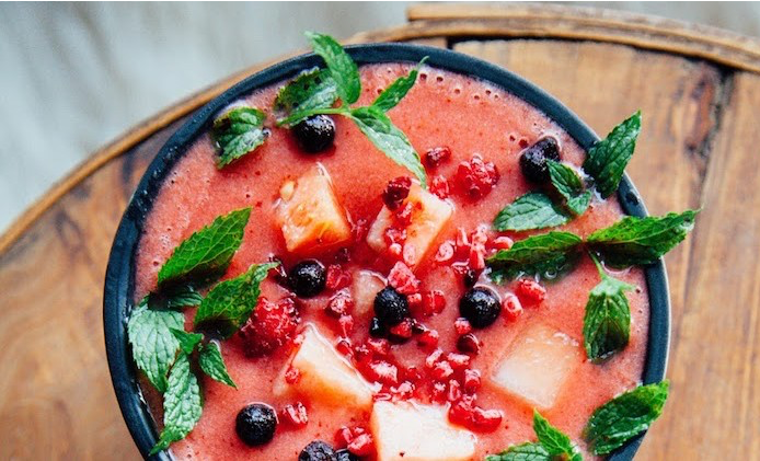 Chilled Ginger Berry Watermelon Soup with Mint