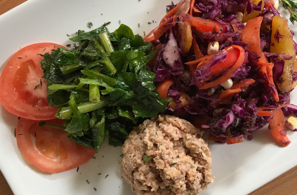 Jamaican Jerk Salad, Onion Thyme Walnut Meat, and Massage Seasoned Spinach